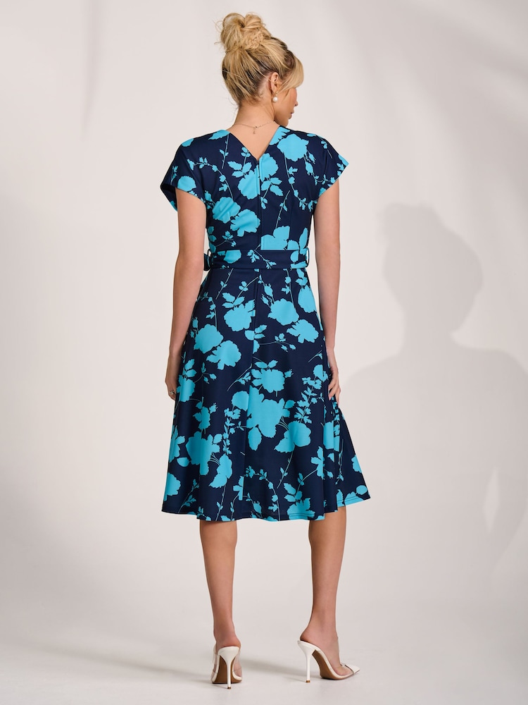 Jolie Moi Blue V-Neck Print Scuba Midi Dress - Image 2 of 6 Jolie Moi Blue V-Neck Print Scuba Midi Dress - Image 2 of 6