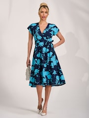 Jolie Moi Blue V-Neck Print Scuba Midi Dress - Image 4 of 6