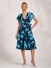 Jolie Moi Blue V-Neck Print Scuba Midi Dress - Image 5 of 6