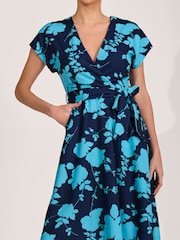 Jolie Moi Blue V-Neck Print Scuba Midi Dress - Image 6 of 6