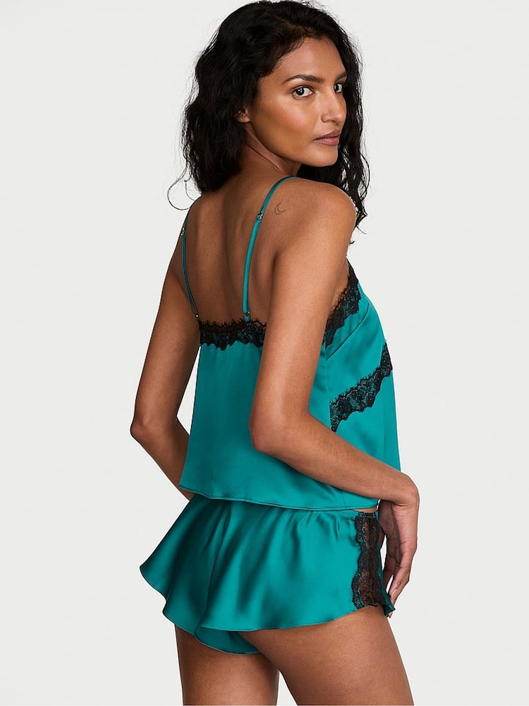 Victoria's Secret True Teal Blue Satin Lace Trim Cami Flutter Short Set - Image 2 of 2