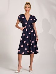 Jolie Moi Navy V-Neck Print Scuba Midi Dress - Image 1 of 6