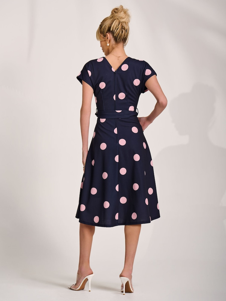 Jolie Moi Navy V-Neck Print Scuba Midi Dress - Image 2 of 6 Jolie Moi Navy V-Neck Print Scuba Midi Dress - Image 2 of 6