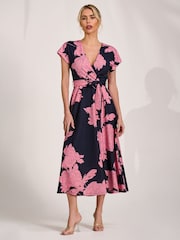 Jolie Moi Pink Kimono Sleeve Print Scuba Midaxi Dress - Image 1 of 6