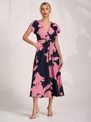 Jolie Moi Pink Kimono Sleeve Print Scuba Midaxi Dress - Image 4 of 6