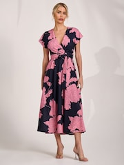 Jolie Moi Pink Kimono Sleeve Print Scuba Midaxi Dress - Image 5 of 6