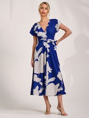 Jolie Moi Blue Kimono Sleeve Print Scuba Midaxi Dress - Image 1 of 6