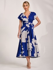 Jolie Moi Blue Kimono Sleeve Print Scuba Midaxi Dress - Image 4 of 6