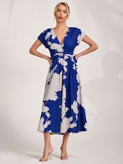Jolie Moi Blue Kimono Sleeve Print Scuba Midaxi Dress - Image 5 of 6