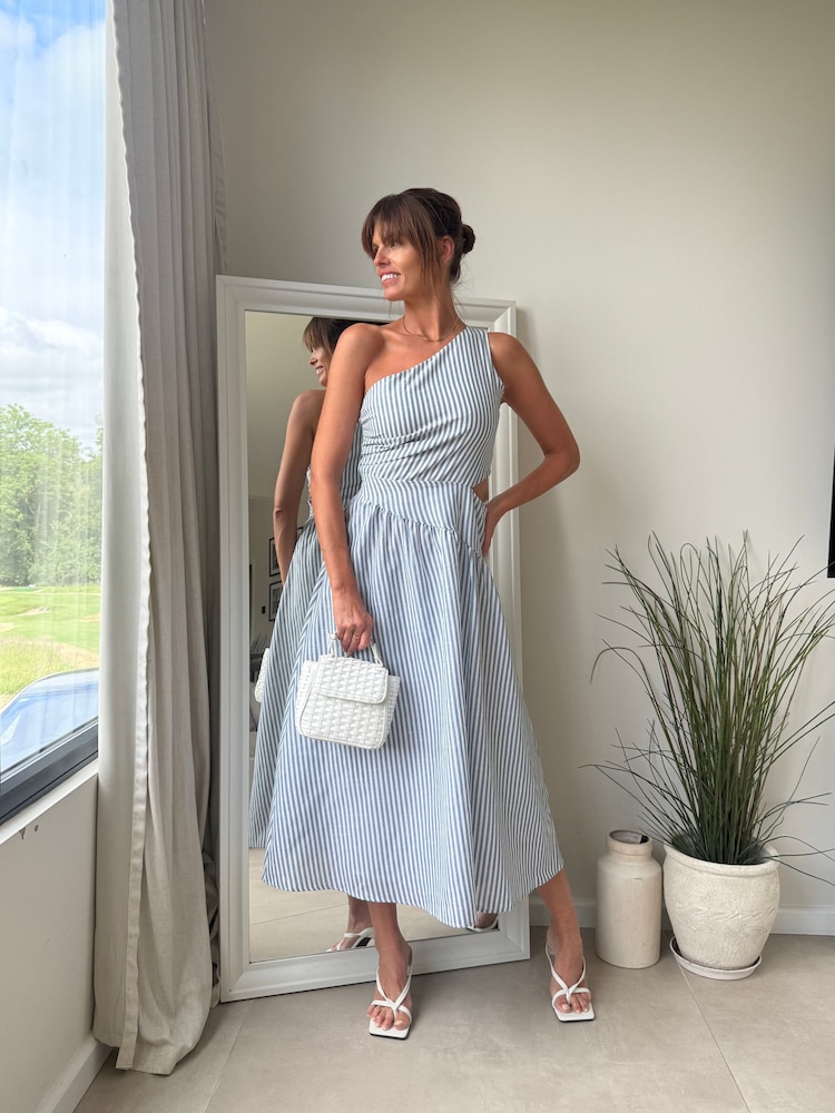 Style Cheat Blue Jasmine One Shoulder Stripe Midi Dress - Image 1 of 13 Style Cheat Blue Jasmine One Shoulder Stripe Midi Dress - Image 1 of 13