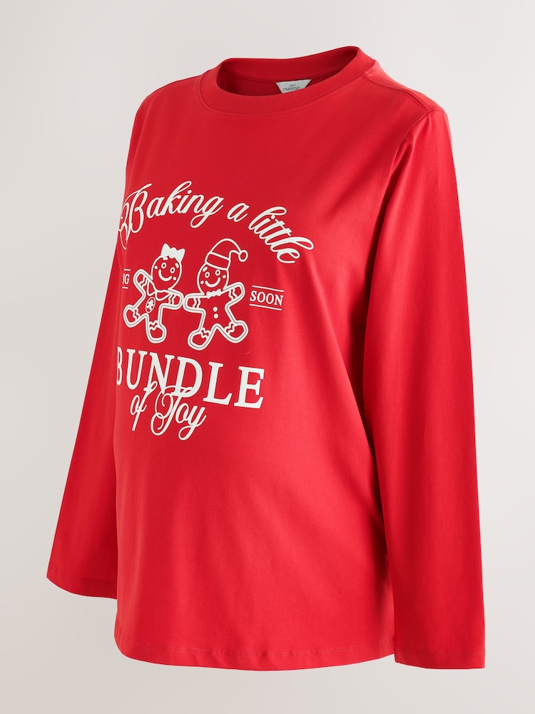 Red Maternity Long Sleeved Christmas Gingerbread Graphic T-Shirt - Image 1 of 4