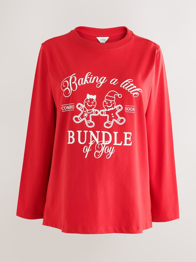 Red Maternity Long Sleeved Christmas Gingerbread Graphic T-Shirt - Image 2 of 4
