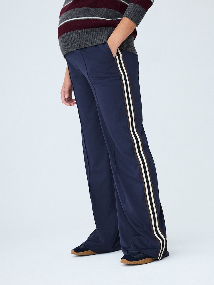 Navy Blue Side Stripe Maternity Wide Leg Trousers - Image 2 of 5 Navy Blue Side Stripe Maternity Wide Leg Trousers - Image 2 of 5