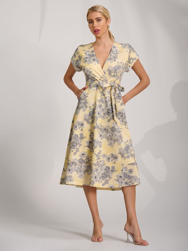 Jolie Moi Yellow Kimono Sleeve Print Scuba Midi Dress - Image 1 of 6