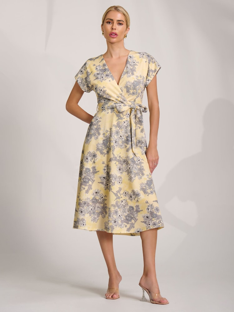 Jolie Moi Yellow Kimono Sleeve Print Scuba Midi Dress - Image 6 of 6