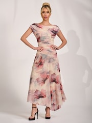 Jolie Moi Natural Asymmetrical Draped Mesh Maxi Dress - Image 1 of 6