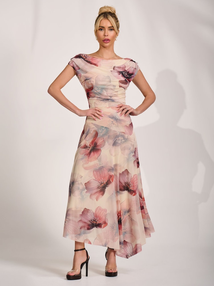 Jolie Moi Natural Asymmetrical Draped Mesh Maxi Dress - Image 1 of 6