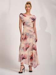 Jolie Moi Natural Asymmetrical Draped Mesh Maxi Dress - Image 4 of 6