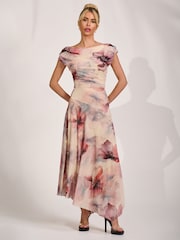 Jolie Moi Natural Asymmetrical Draped Mesh Maxi Dress - Image 5 of 6