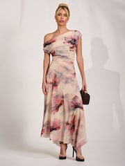Jolie Moi Natural Asymmetrical Draped Mesh Maxi Dress - Image 6 of 6