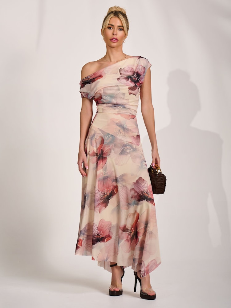 Jolie Moi Natural Asymmetrical Draped Mesh Maxi Dress - Image 6 of 6