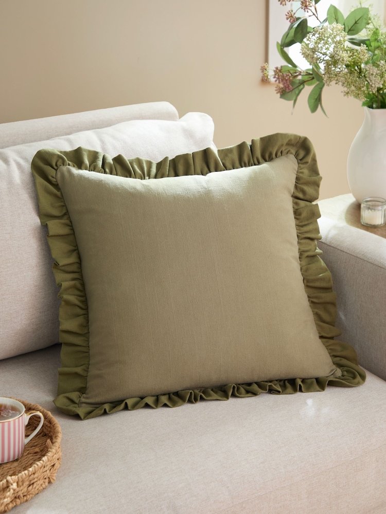 Wylder Sage/Green Effie Cotton Ruffle Fibre Filled Cushion - Image 1 of 4