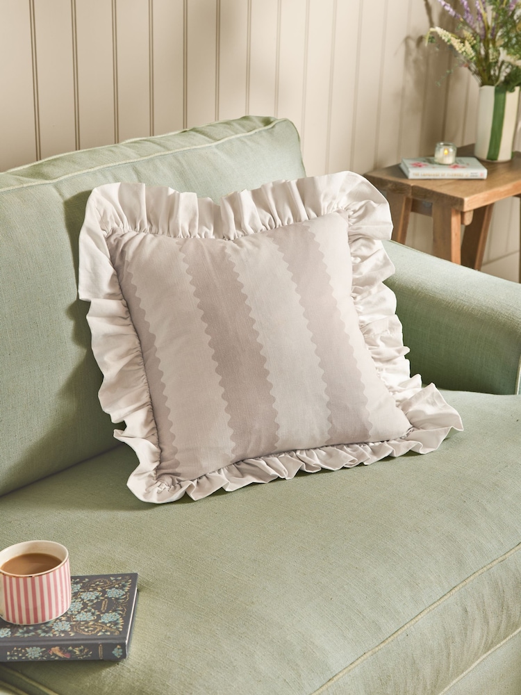 Wylder Oat/Milk Birdie Stripe Ruffle Fibre Filled Cushion - Image 1 of 4 Wylder Oat/Milk Birdie Stripe Ruffle Fibre Filled Cushion - Image 1 of 4