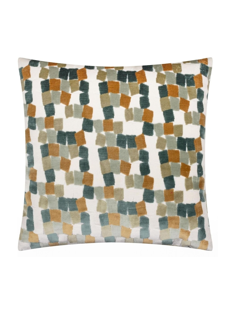 Furn Green Metro Blocks Velvet Jacquard Fibre Filled Cushion - Image 2 of 6