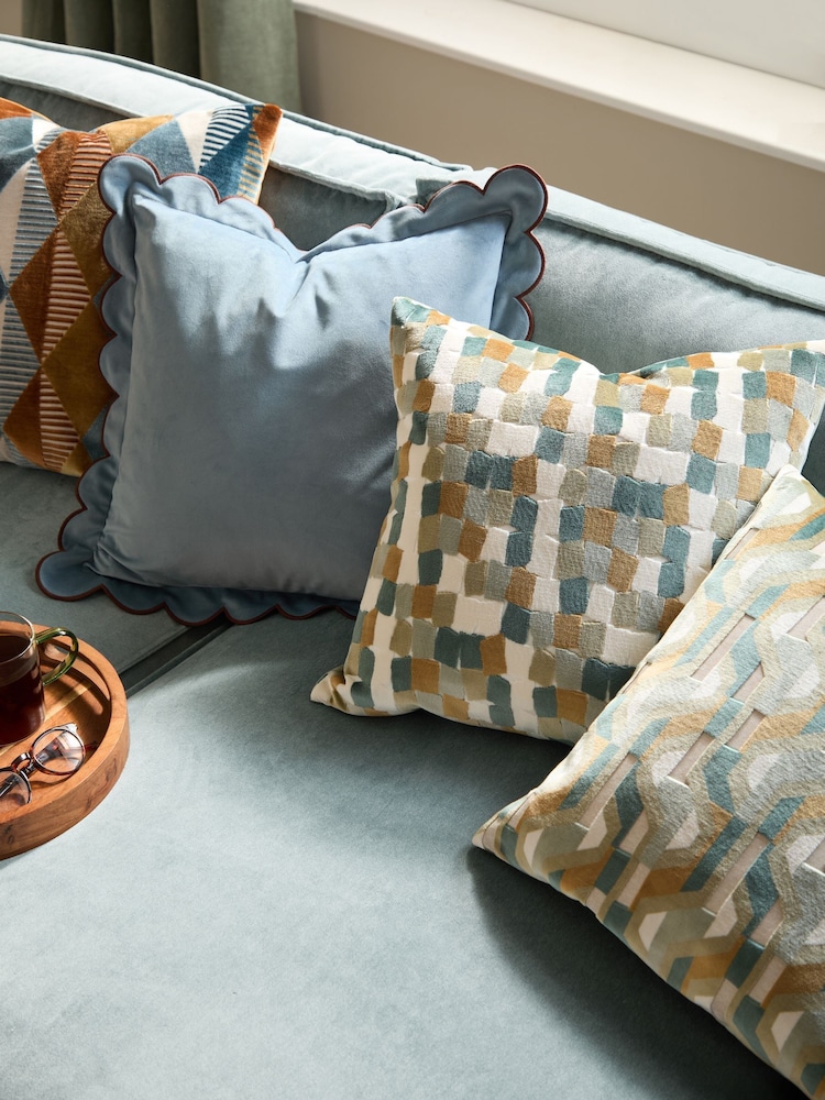 Furn Green Metro Blocks Velvet Jacquard Fibre Filled Cushion - Image 6 of 6