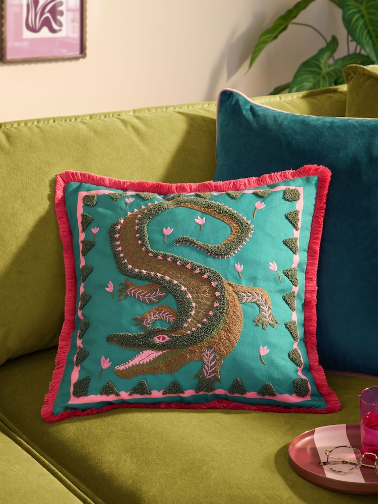 Furn Teal Les Animaux Croc Monsieur Tufted Feather Filled Cushion - Image 1 of 6 Furn Teal Les Animaux Croc Monsieur Tufted Feather Filled Cushion - Image 1 of 6