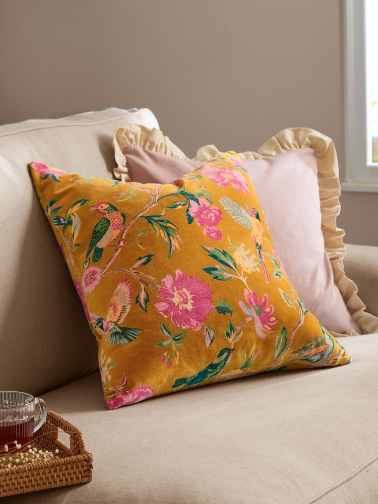 Wylder Gold Aviary Cotton Velvet Feather Filled Cushion - Image 1 of 3 Wylder Gold Aviary Cotton Velvet Feather Filled Cushion - Image 1 of 3