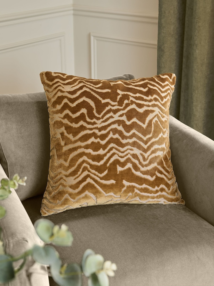 Paoletti Brass Tierra Cut Velvet Feather Filled Cushion - Image 1 of 5 Paoletti Brass Tierra Cut Velvet Feather Filled Cushion - Image 1 of 5