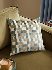 Furn Green Metro Blocks Velvet Jacquard Feather Filled Cushion - Image 1 of 6