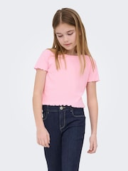 ONLY KIDS Pink Ribbed Lettuce Edge T-Shirt - Image 4 of 7