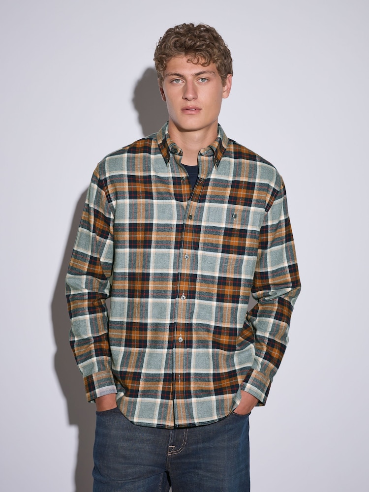 Orange/Grey Long Sleeve Brushed Tartan Check Shirt - Image 1 of 8 Orange/Grey Long Sleeve Brushed Tartan Check Shirt - Image 1 of 8