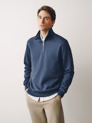 Bleu avio - Standard - Sweat-shirt zippé au quart de jersey en coton riche - Image 1 de 7