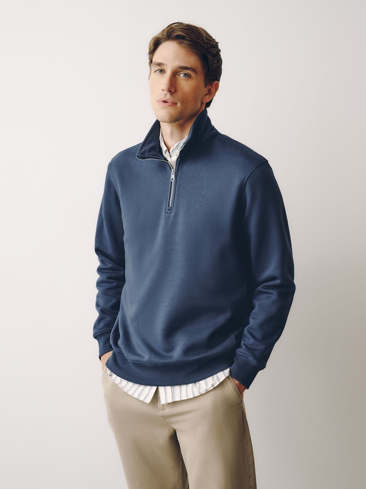 Bleu avio - Standard - Sweat-shirt zippé au quart de jersey en coton riche - Image 1 de 7 Bleu avio - Standard - Sweat-shirt zippé au quart de jersey en coton riche - Image 1 de 7
