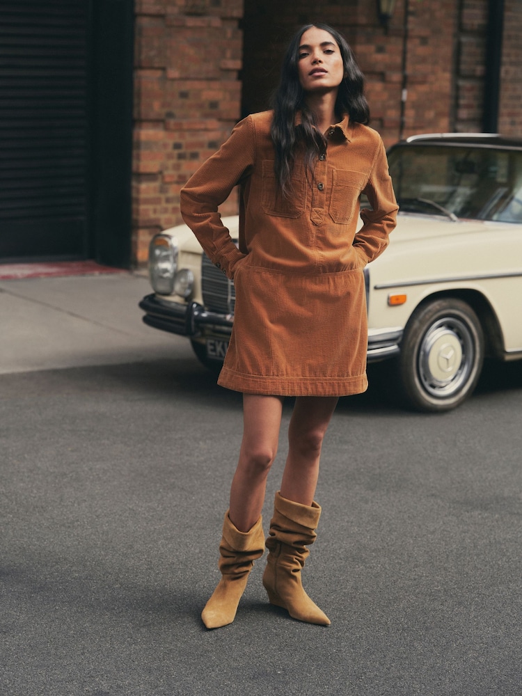 Tan Brown Long Sleeve Cord Overhead Mini Dress - Image 2 of 7 Tan Brown Long Sleeve Cord Overhead Mini Dress - Image 2 of 7