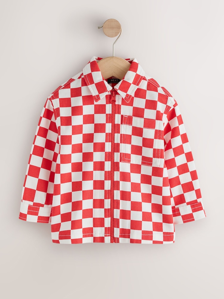 Red/Ecru Checkerboard Long Sleeve Zip Through Overshirt (3mths-7yrs) - Image 1 of 4 Red/Ecru Checkerboard Long Sleeve Zip Through Overshirt (3mths-7yrs) - Image 1 of 4