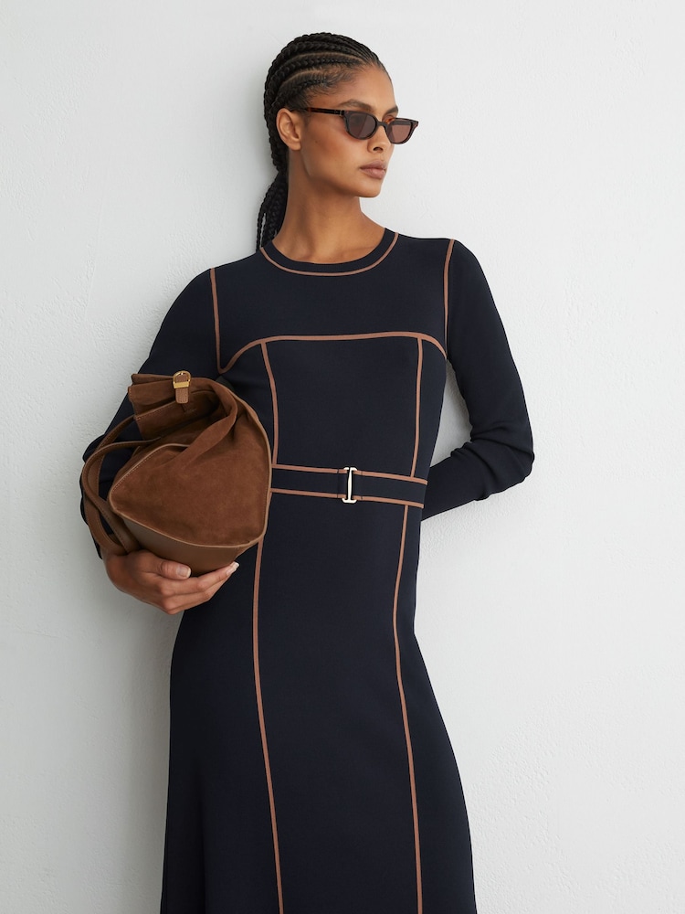 Marine/Camel - Robe Mi-longue Reiss Etta Colour Block en maille - Image 1 de 8