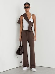 Reiss Mocha Brown Laney Petite Premium Interlock Wide-Leg Joggers - Image 1 of 8