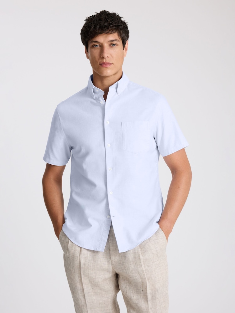 MOSS Blue Short Sleeve Washed Cotton Oxford Shirt - Image 1 of 3 MOSS Blue Short Sleeve Washed Cotton Oxford Shirt - Image 1 of 3