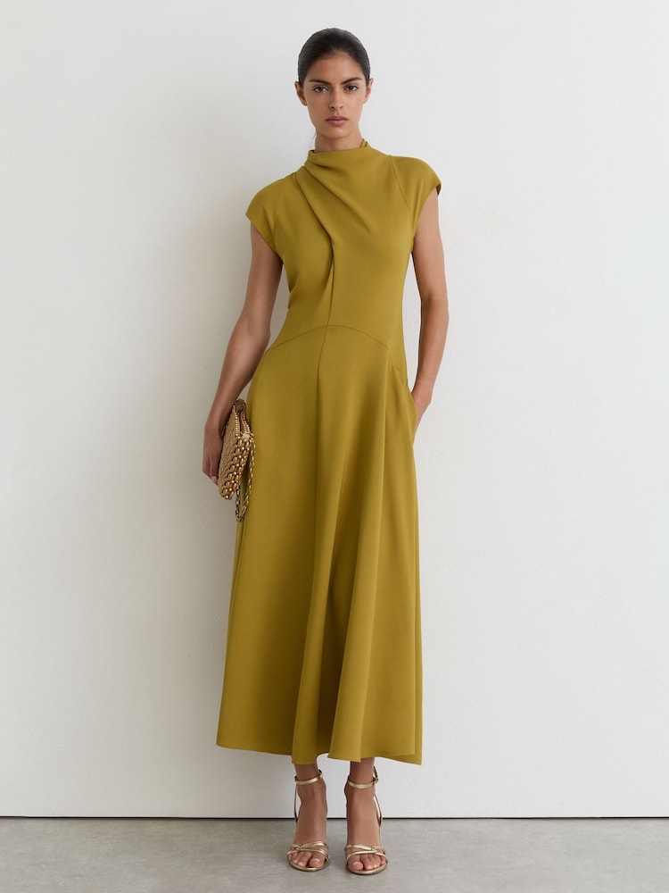 Reiss Chartreuse Green Alma High-Neck Pleat-Detail Midi Dress - Image 1 of 7