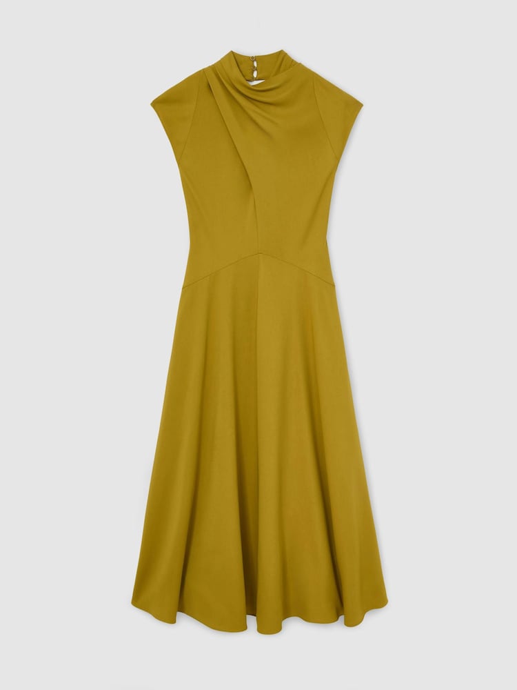 Reiss Chartreuse Green Alma High-Neck Pleat-Detail Midi Dress - Image 2 of 7