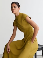 Reiss Chartreuse Green Alma High-Neck Pleat-Detail Midi Dress - Image 3 of 7
