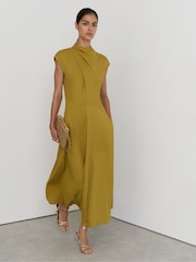 Reiss Chartreuse Green Alma High-Neck Pleat-Detail Midi Dress - Image 6 of 7