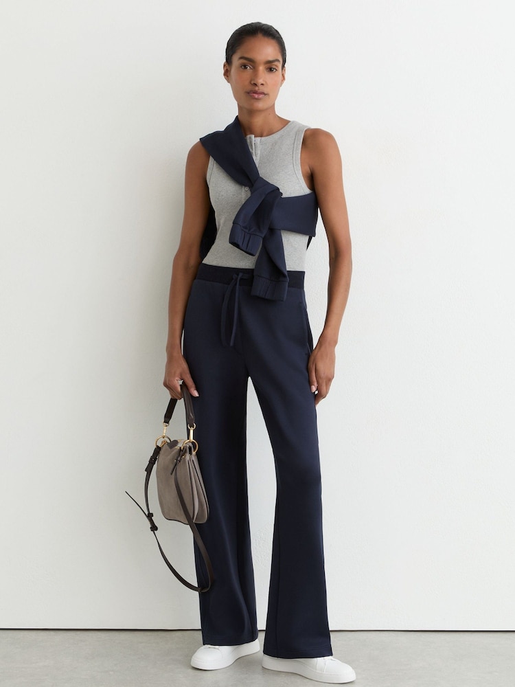 Reiss Navy Laney Premium Interlock Wide-Leg Joggers - Image 1 of 8 Reiss Navy Laney Premium Interlock Wide-Leg Joggers - Image 1 of 8
