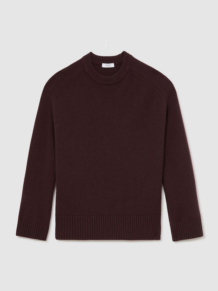 Reiss Grape Burgundy Riley Wool-Cashmere Crew-Neck Raglan Jumper - Image 2 of 7 Reiss Grape Burgundy Riley Wool-Cashmere Crew-Neck Raglan Jumper - Image 2 of 7
