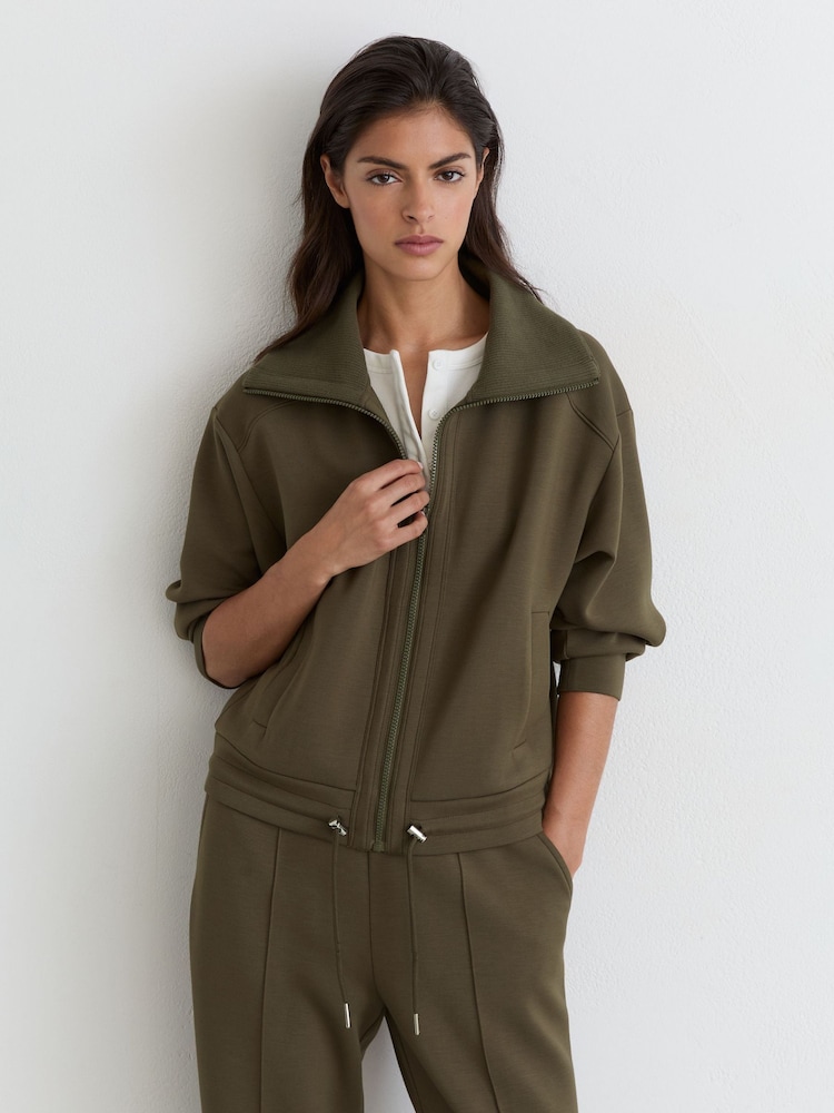 Reiss Khaki Green Laurrie Premium Interlock Zip-Front Sweatshirt - Image 1 of 6