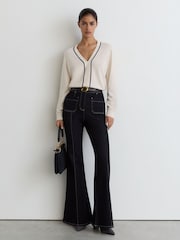 Reiss Ivory/Navy Mila Wool-Blend V-Neck Stripe-Detail Jumper with Cashmere - Image 1 of 6